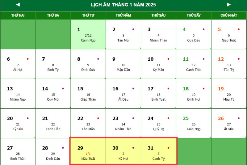 Lịch Tết 2025